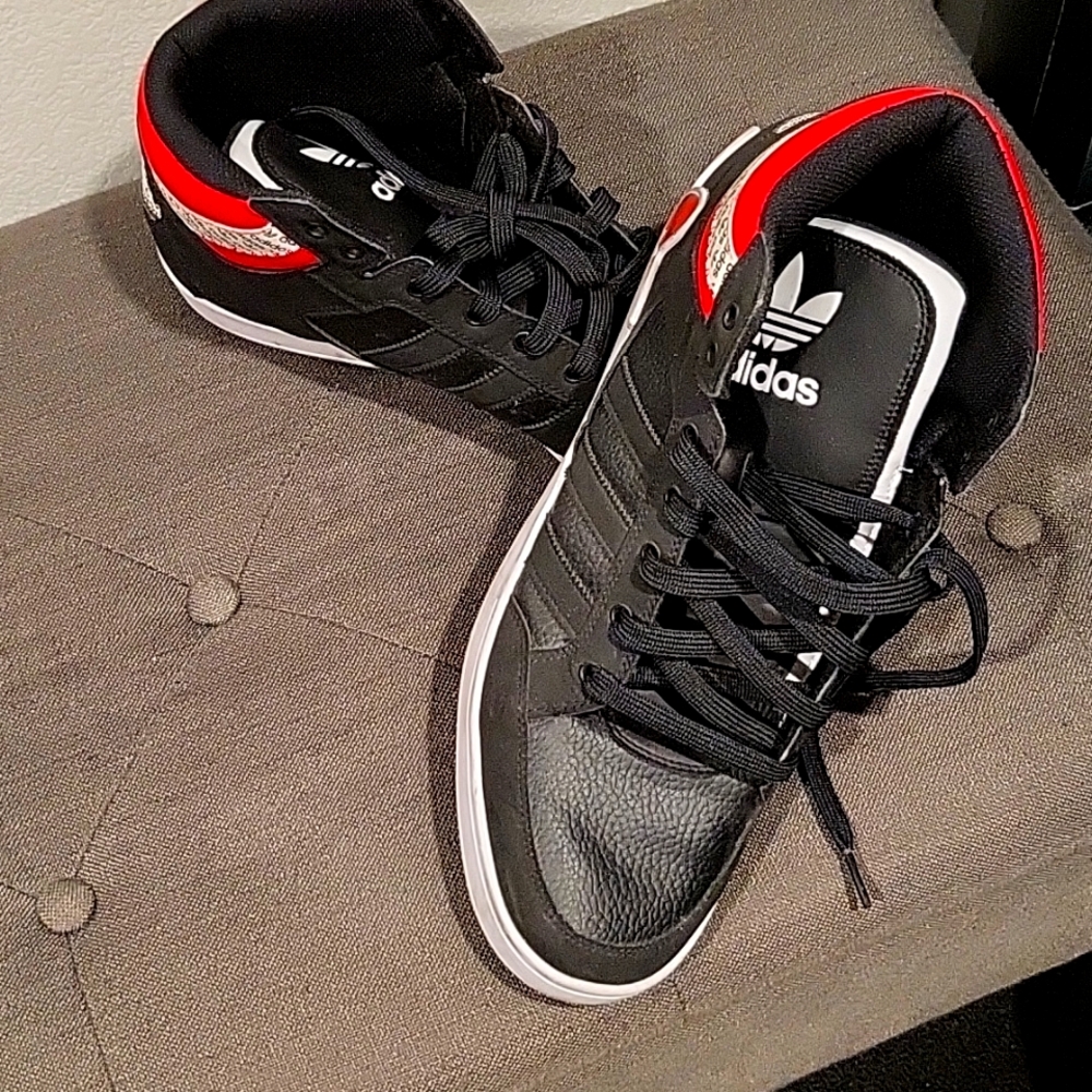 Adidas White black and red  high tops